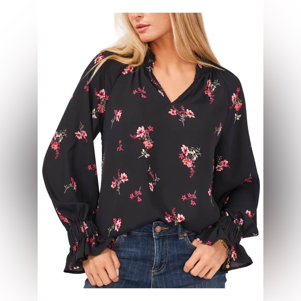 Vince Camuto Womens Smocked Floral Long Sleeve Split Neck Top Black Medium